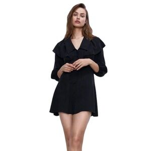 Zara Double Sailor, Bib, Peter Pan Oversized Collar Button Down Mini Dress Black